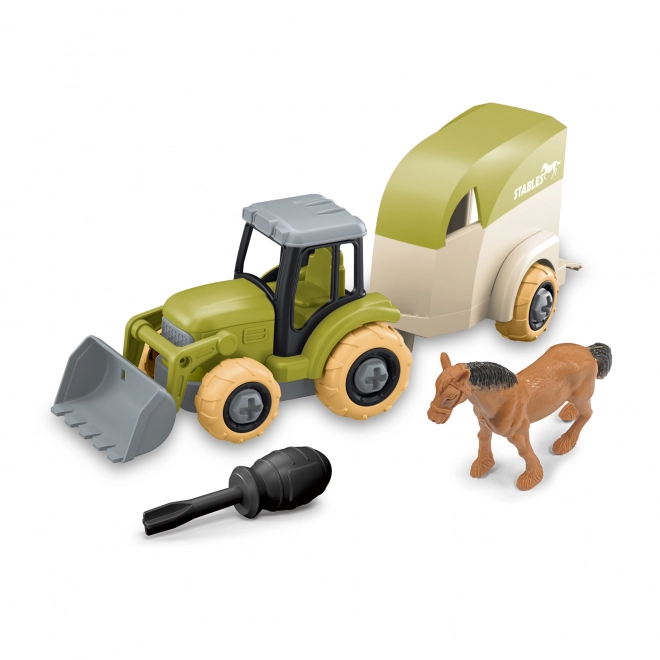 Šroubovací traktor s nakladačem a přívěsem pro koně