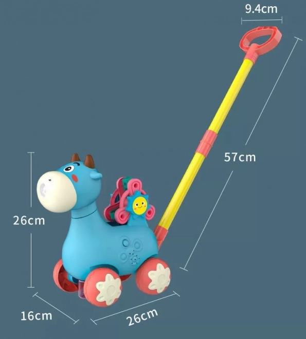 Woopie pchací kravička s bublinami a zvukem modrá