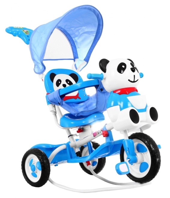 Dětské tříkolové kolo Panda + zvuky + stříška + zábrana + opěrka nohou + rukojeť + ližiny + úložný prostor – Modré