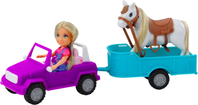 Kompletní set: panenka, kůň, auto i přívěs
