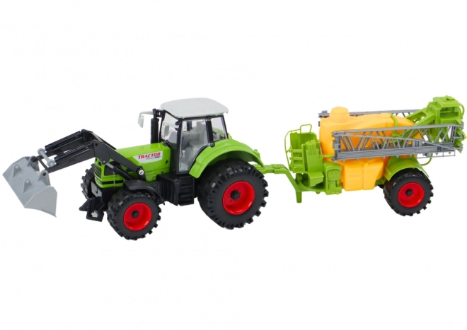 Zemědělský traktor bagr s postřikovačem Zelený