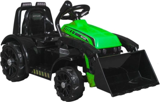 elektrický šlapací traktor s přední lžicí a klaksonem – zelený