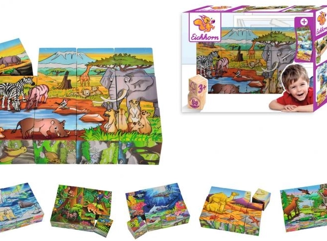 Dřevěné obrázkové kostky EICHHORN, 12 kostek, 6 motivů
