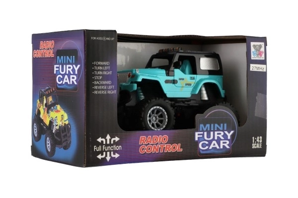 Auto RC terénní 14cm plast 27MHz na baterie se světlem v krabici 20x11x10cm – Tyrkysové