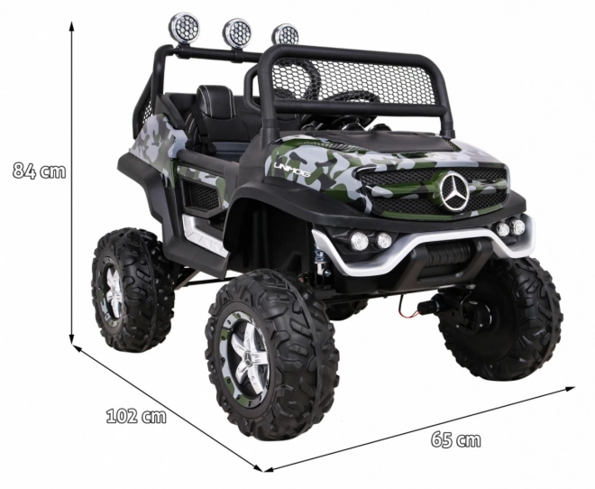 Mercedes Benz Unimog pro děti Moro lak + pohon 4x4 + dálkové ovládání + zavazadlový prostor + pomalý start + MP3 LED