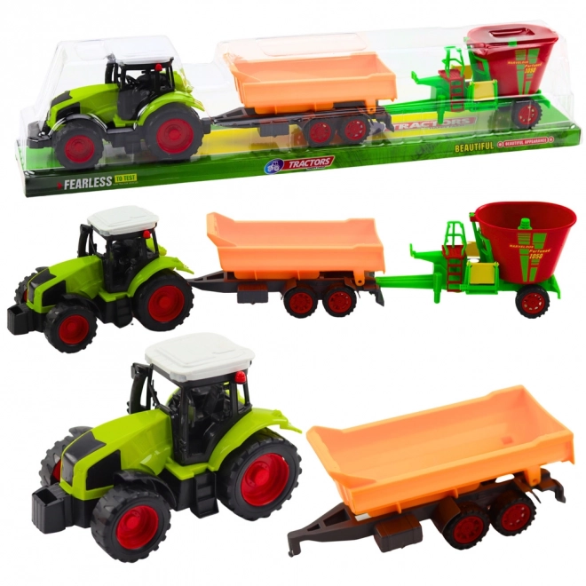 Traktor s přívěsem a krmným vozem