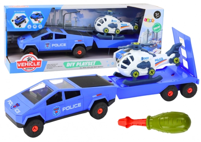 moderní policejní auto s helikoptérou a přívěsem do it yourself