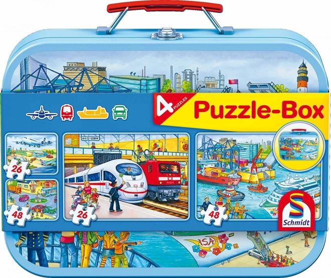 Puzzle doprava 4v1 v plechovém kufříku