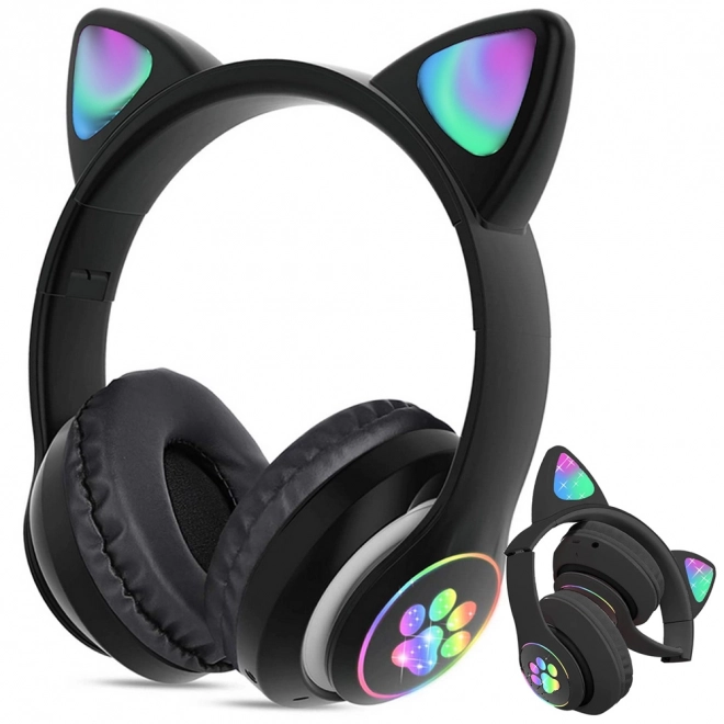 Bezdrátová sluchátka bluetooth rádio fm mp3 kočičí uši led podsvícení – Černé