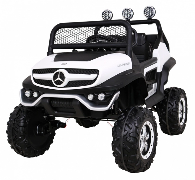 Mercedes Benz Unimog pro děti bílý + pohon 4x4 + dálkové ovládání + nosič zavazadel + pomalý start + MP3 LED