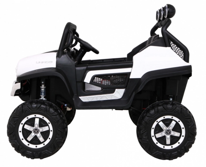 Mercedes Benz Unimog pro děti bílý + pohon 4x4 + dálkové ovládání + nosič zavazadel + pomalý start + MP3 LED