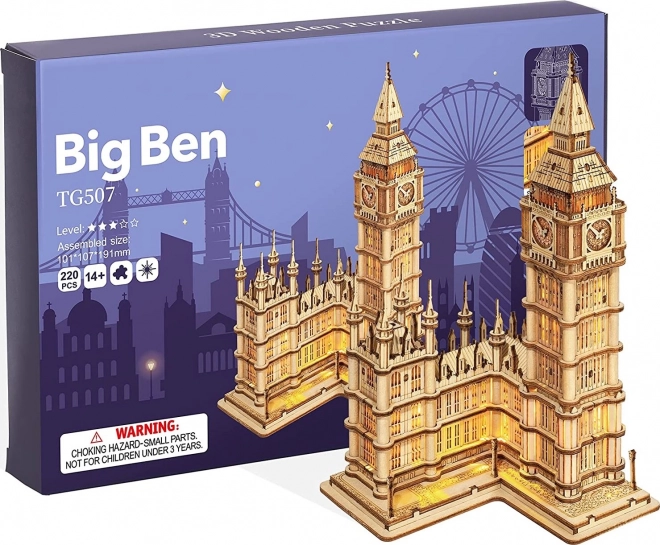 RoboTime dřevěné 3D puzzle hodinová věž Big Ben svítící