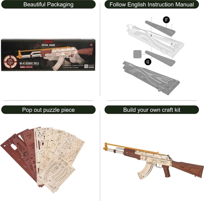 RoboTime 3D Dřevěné mechanické puzzle Útočná puška AK-47