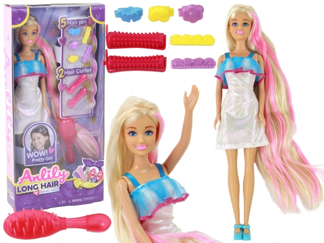 Lalce Anlily s dlouhými blond vlasy - styling set