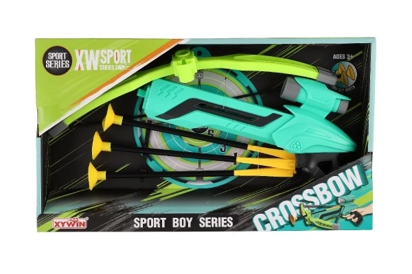 Pistole/kuše s lukem na přísavky plast 25cm + šípy 3ks v krabici 36x21x5cm