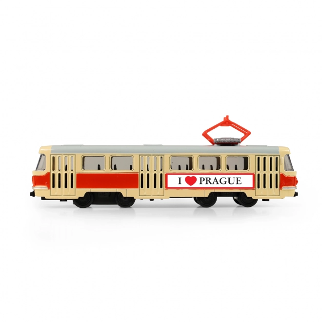Tramvaj Tatra T3 česká kovová 16cm I LOVE PRAGUE retro na zpětný chod v krabičce 20x8x6cm CZ design