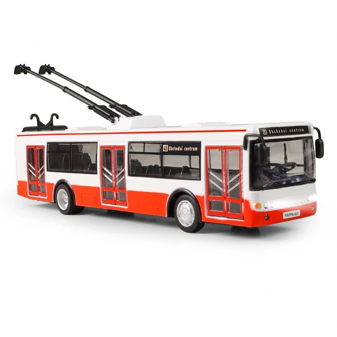 Trolejbus česky mluvící plast 29cm červený volný chod na bat. se světem se zvukem v krab. 33x11x10cm