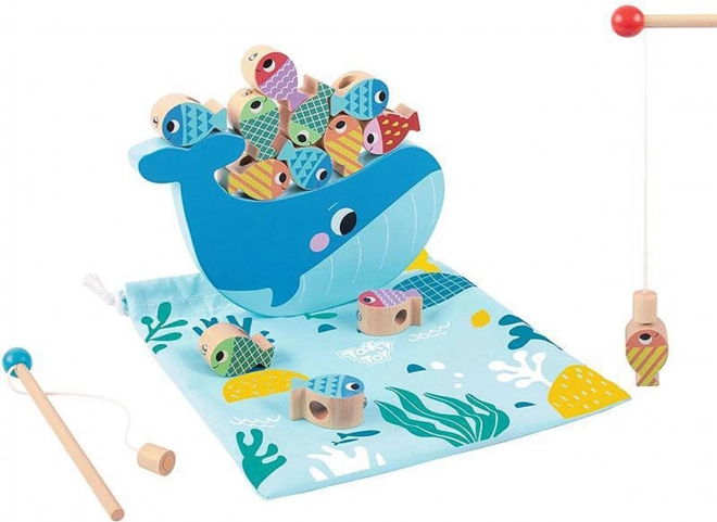 Tooky Toy Dřevěná Hra Velryba a Rybičky Multifunkční 4 v 1