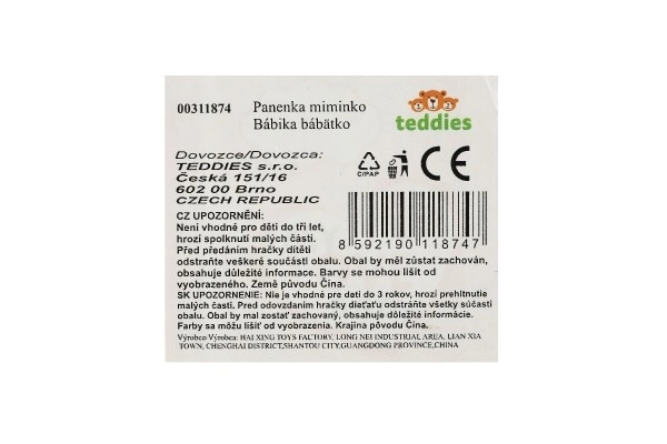 Miminko/Panenka pevné tělo plast 25cm v nosítku s lahvičkou 2 barvy v blistru