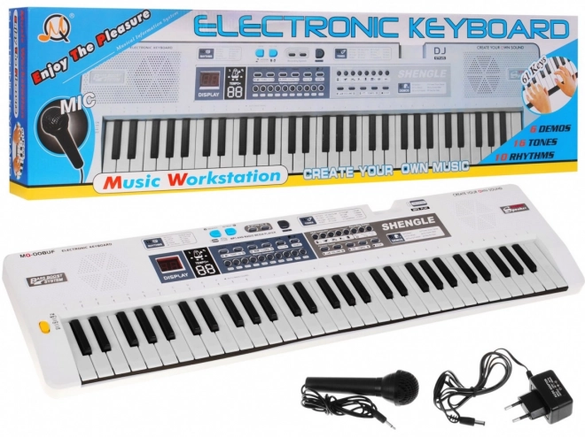 Bílý dětský klávesový set s mikrofonem, nahráváním a stereo reproduktory