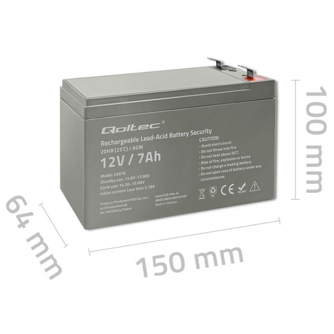 Baterie AGM | 12V | 7Ah | max. 105A | Zabezpečení