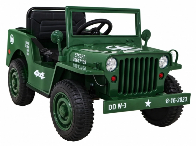 Retro vojenské auto pro děti zelené + pohon 4x4 + dálkové ovládání + 2 nosiče zavazadel + pomalý start + MP3 LED
