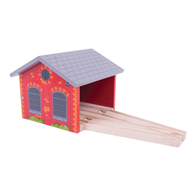 Dřevěné depo pro dva vlakové soupravy Bigjigs Rail