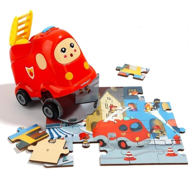 TOP BRIGHT Dřevěné puzzle s hračkou: Hasičské auto 24 dílků