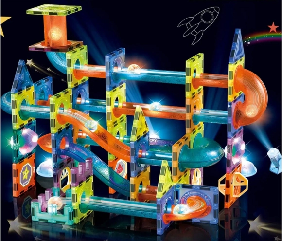 Kuličková dráha magnetická plast 110ks 16 kuliček + doplňky na baterie v krabici 36x28x9cm