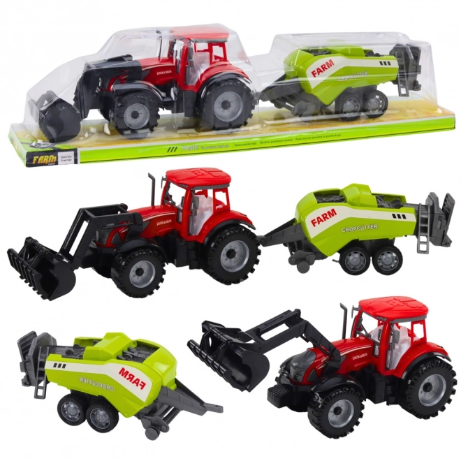 Červený traktor s nakladačem a balíkovačem