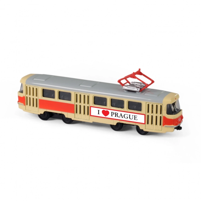 Tramvaj Tatra T3 česká kovová 16cm I LOVE PRAGUE retro na zpětný chod v krabičce 20x8x6cm CZ design