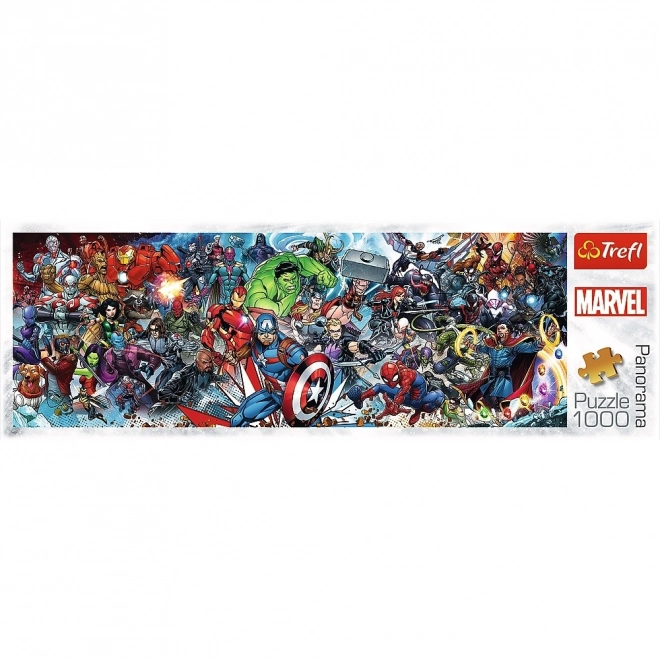 Puzzle panoramatické Marvelův svět/Join the Marvel Universe 1000 dílků 97x34cm v krabici 40x13,5x7cm