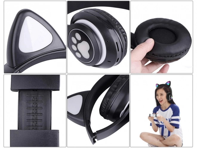 Bezdrátová sluchátka bluetooth rádio fm mp3 kočičí uši led podsvícení – Černé