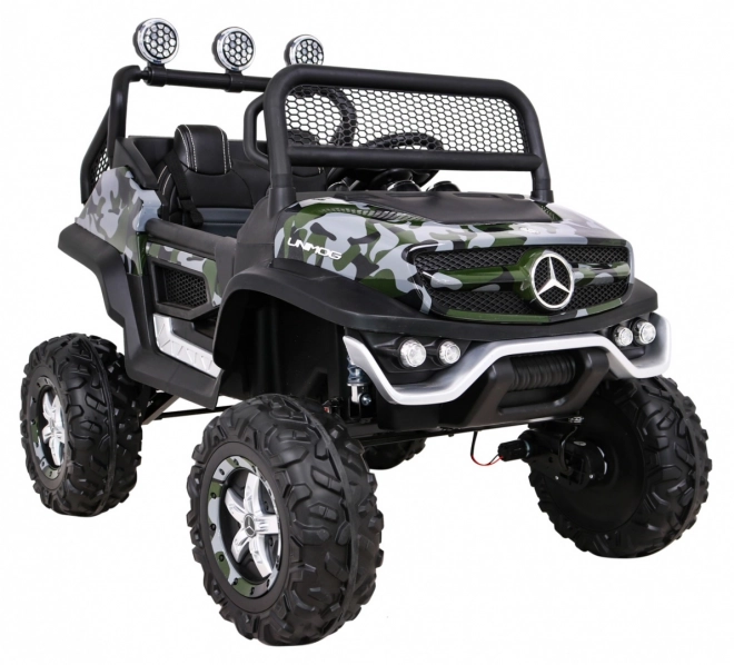Mercedes Benz Unimog pro děti Moro lak + pohon 4x4 + dálkové ovládání + zavazadlový prostor + pomalý start + MP3 LED