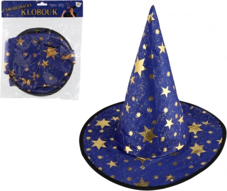 dětský čarodějnický klobouk modro‑zlatý, průměr 38 cm