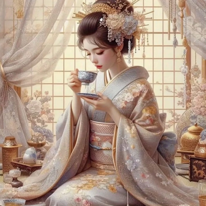Diamantové malování Japonka popíjející čaj