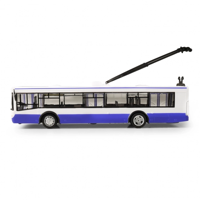 Trolejbus který hlásí zastávky česky 28 cm modrý