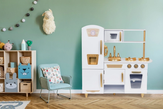 Velká dřevěná kuchyňka pro děti, bílá a zlatá, ECOTOYS