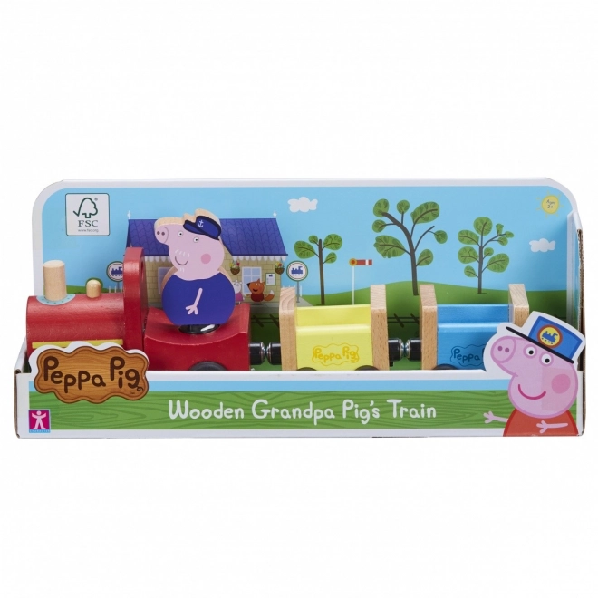 Dřevěný vlak Prasátko Peppa + figurka děda
