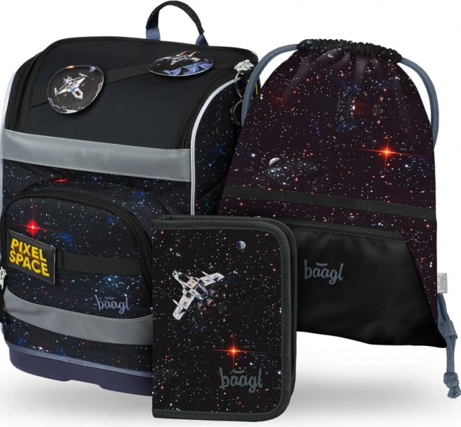 Školní set BAAGL: Zippy Plus Pixel Space - aktovka, penál, sáček