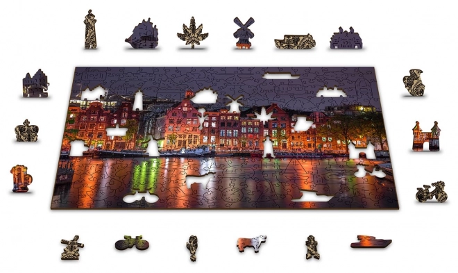 Dřevěné puzzle Noční Amsterdam s unikátními dílky