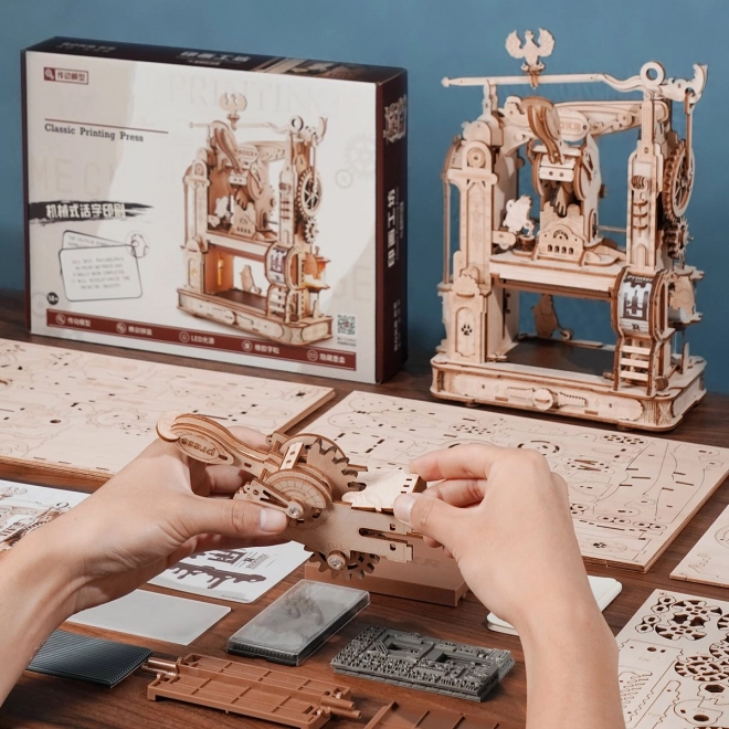 RoboTime 3D dřevěné mechanické puzzle Tiskařský lis