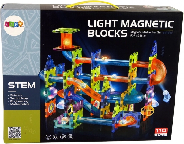 Kuličková dráha magnetická plast 110ks 16 kuliček + doplňky na baterie v krabici 36x28x9cm