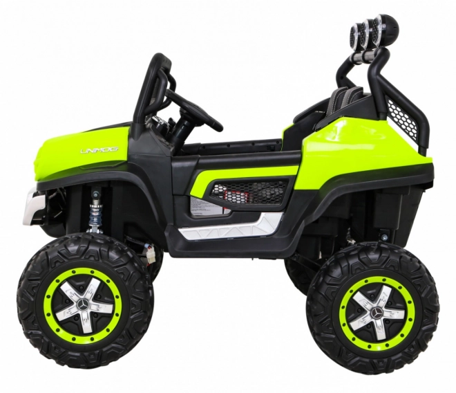 Mercedes Benz Unimog pro děti Zelený + pohon 4x4 + dálkové ovládání + zavazadlový prostor + pomalý start + MP3 LED