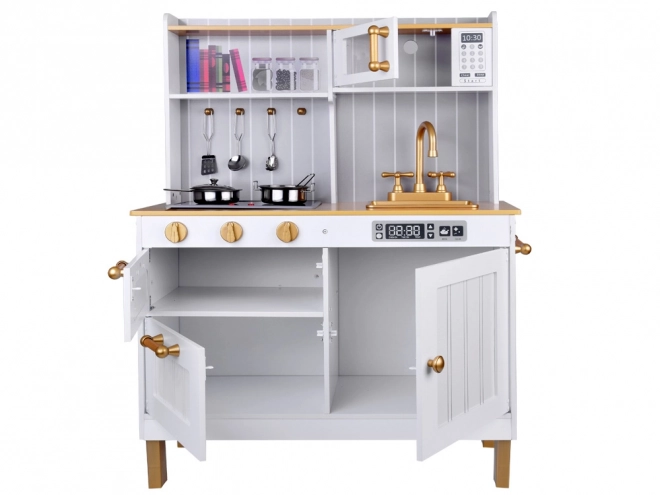Elegantní bílá dřevěná kuchyňka s příslušenstvím pro děti