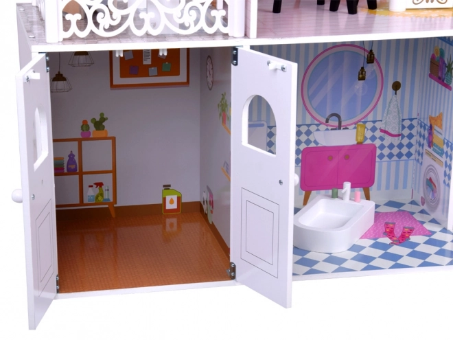 Velký dřevěný domek pro panenky s výtahem, garáží a balkonem