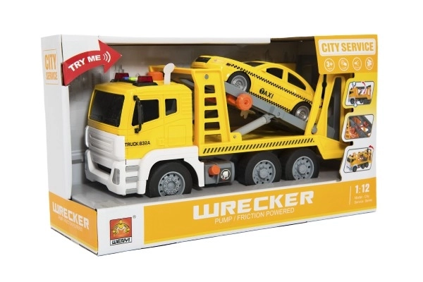 Auto kamion přepravník+1 auto plast na setrvačník na bat. se zvukem se světlem v krabici 36x21x14