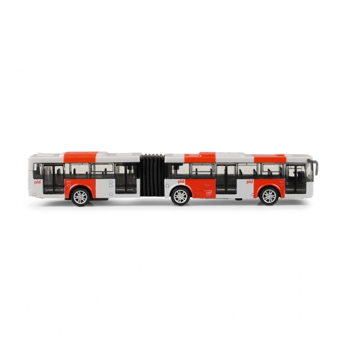 Červený kovový kloubový autobus PID Praha
