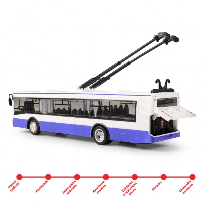 Trolejbus který hlásí zastávky česky 28 cm modrý