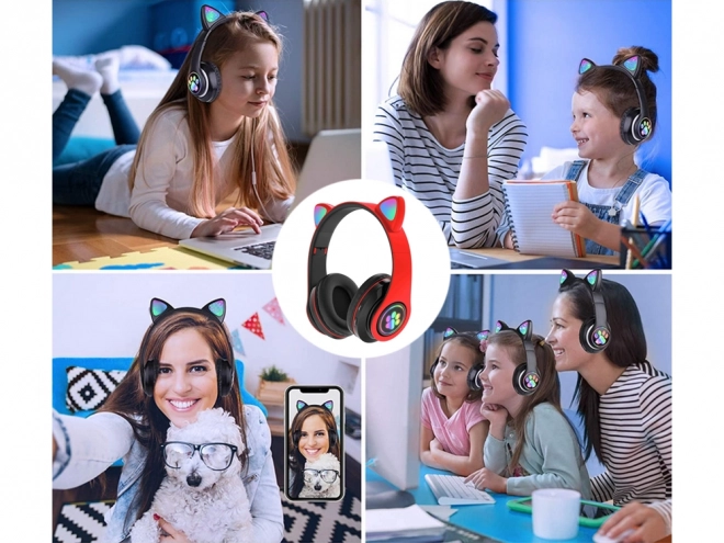 Bezdrátová sluchátka bluetooth rádio fm mp3 kočičí uši led podsvícení